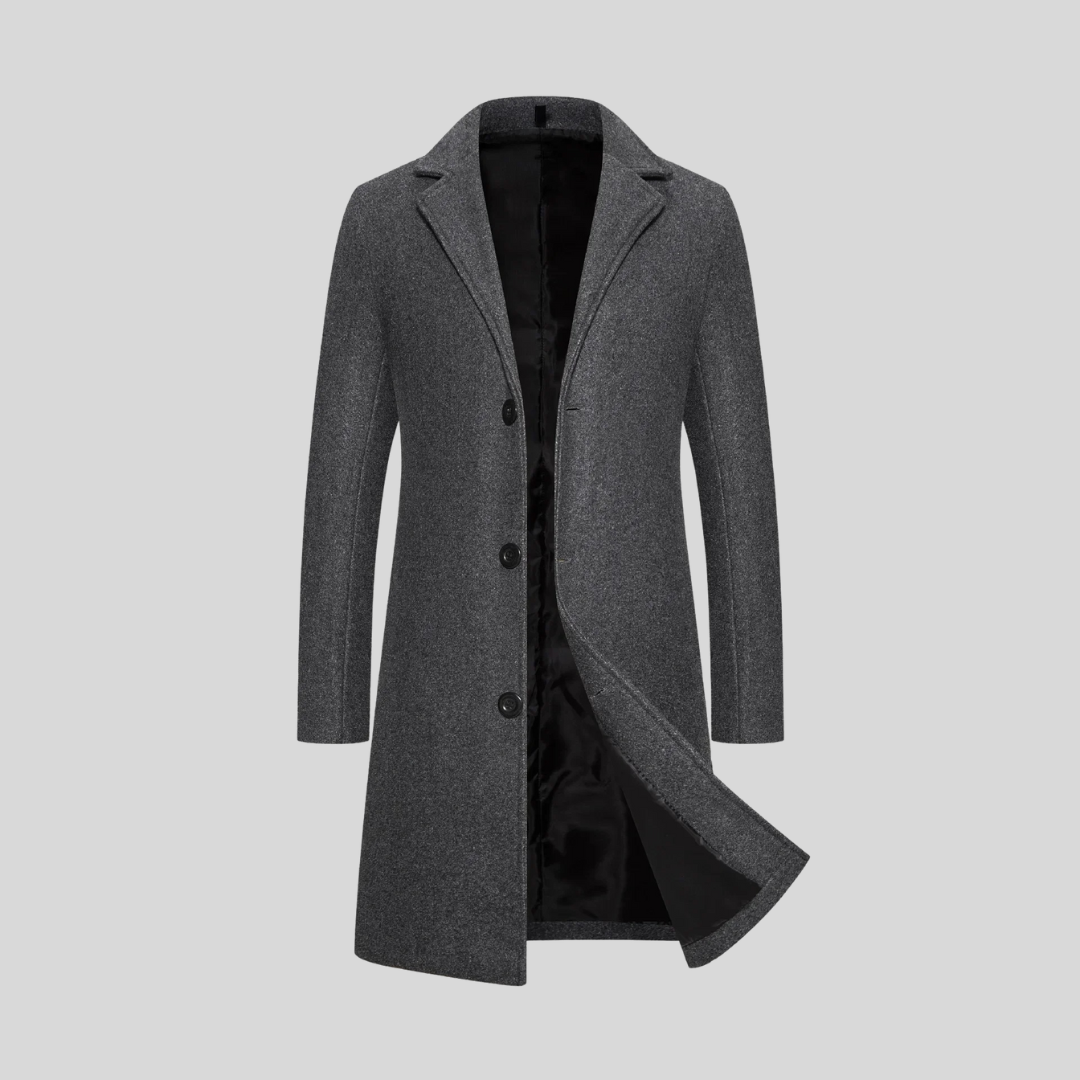 Dark Gray Wrap-Front Notch-Lapel Longline Coat with Set-In Pockets