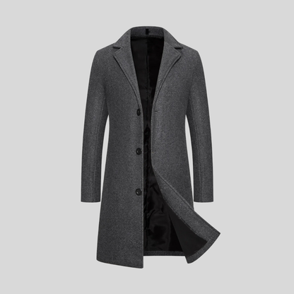 Dark Gray Wrap-Front Notch-Lapel Longline Coat with Set-In Pockets