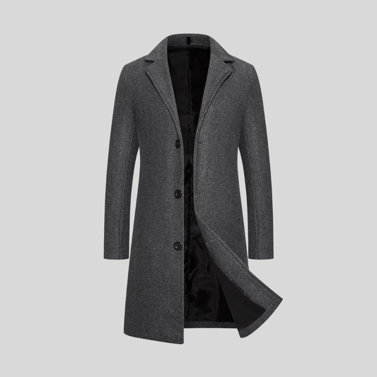 Dark Gray Wrap-Front Notch-Lapel Longline Coat with Set-In Pockets