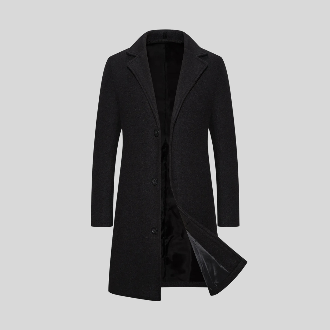 Black Wrap-Front Notch-Lapel Longline Coat with Set-In Pockets