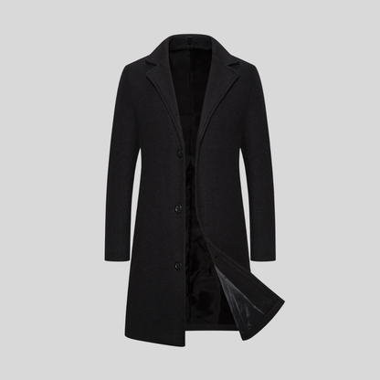 Black Wrap-Front Notch-Lapel Longline Coat with Set-In Pockets