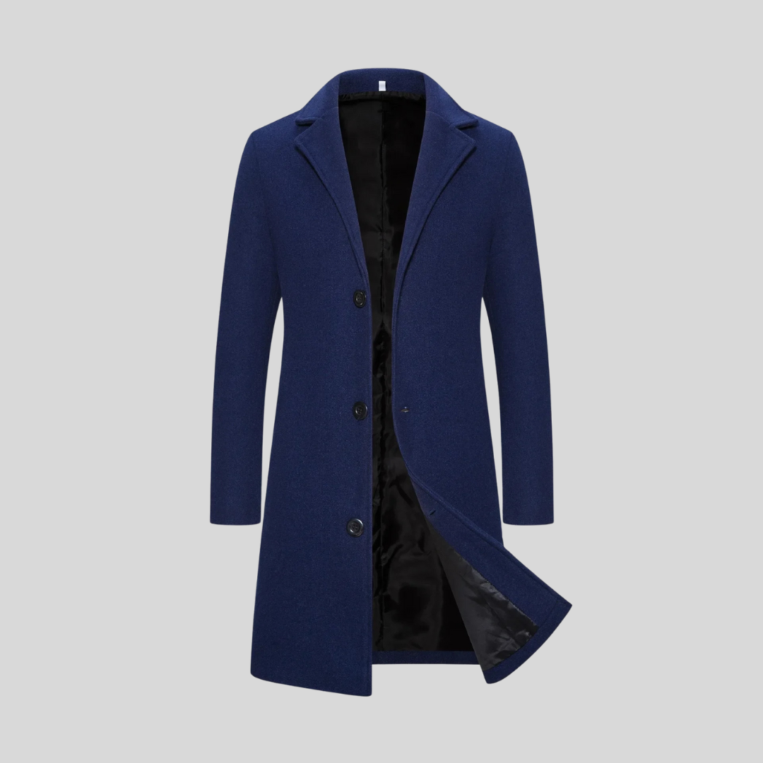 Navy Blue Wrap-Front Notch-Lapel Longline Coat with Set-In Pockets