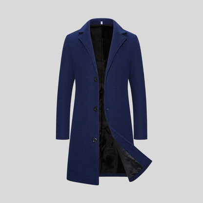 Navy Blue Wrap-Front Notch-Lapel Longline Coat with Set-In Pockets