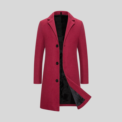 Burgundy Wrap-Front Notch-Lapel Longline Coat with Set-In Pockets