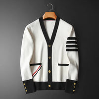 Silas | Men's V-Neck Cardigan with Sleeve Stripes, Slim Fit Wool Knit