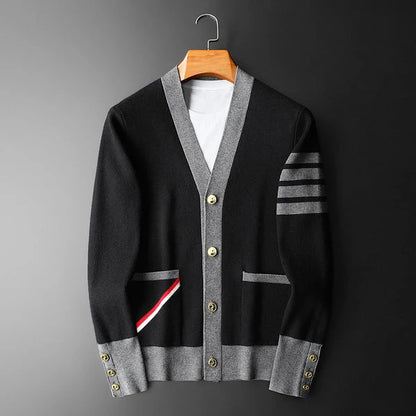 Men's classic black V-neck cardigan with sleeve stripes