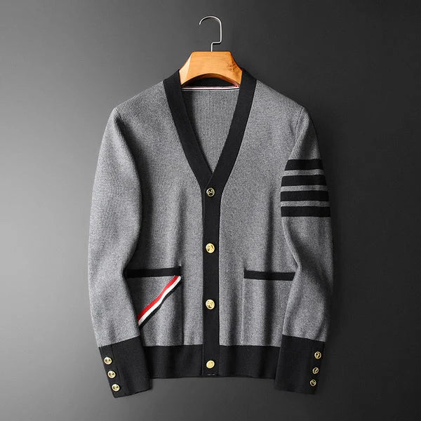 Men's gray V-neck cardigan with sleeve stripes