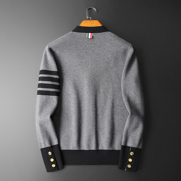 Men's V-neck cardigan with sleeve stripes