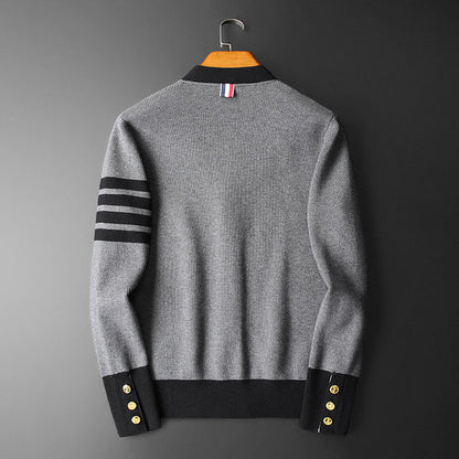 Men's V-neck cardigan with sleeve stripes