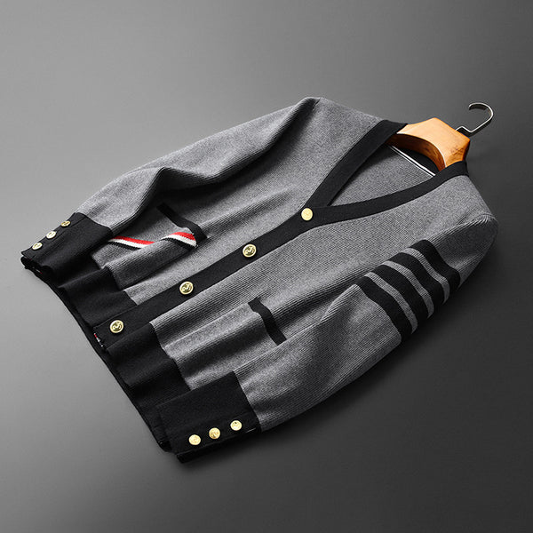 Men's V-neck cardigan with sleeve stripes