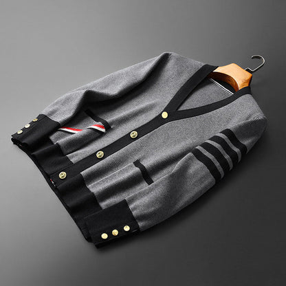 Men's V-neck cardigan with sleeve stripes