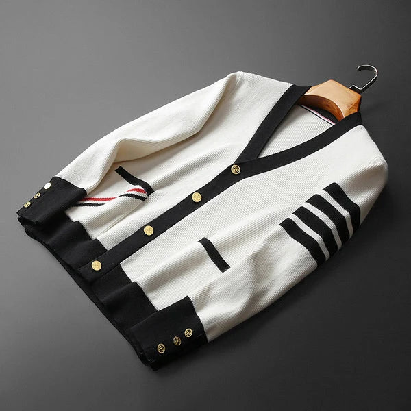 Men's V-neck cardigan with sleeve stripes