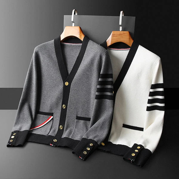 Men's V-neck cardigan with sleeve stripes