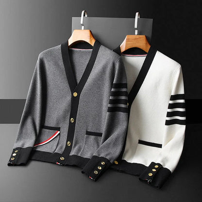 Men's V-neck cardigan with sleeve stripes