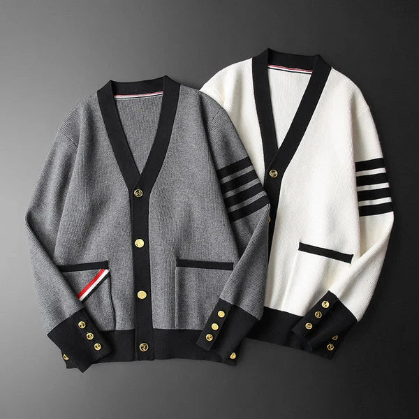 Men's V-neck cardigan with sleeve stripes