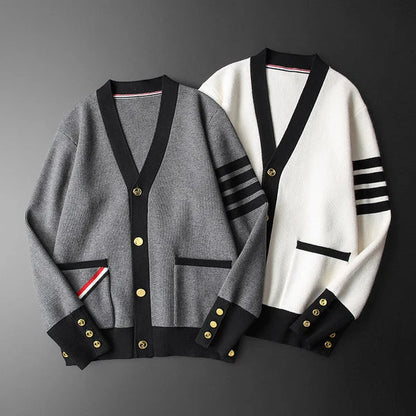 Men's V-neck cardigan with sleeve stripes