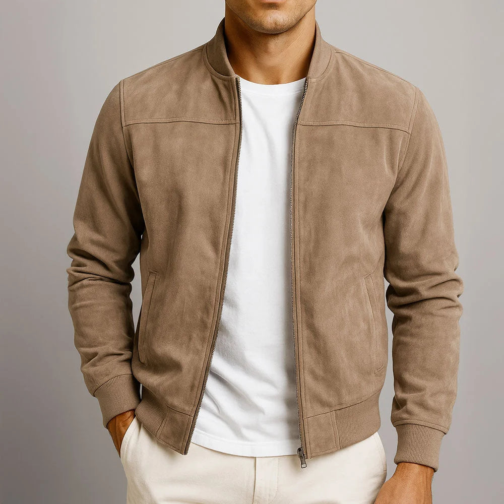 Men's Suede Bomber Jacket with Ribbed Collar and Cuffs, photo 1