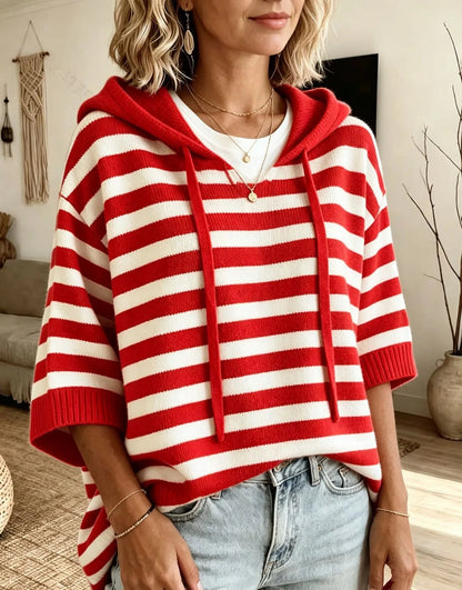 Women's striped hooded sweater in red