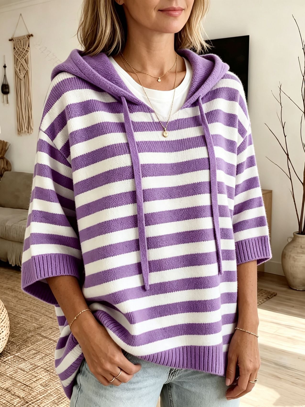 Women's striped hooded sweater in purple