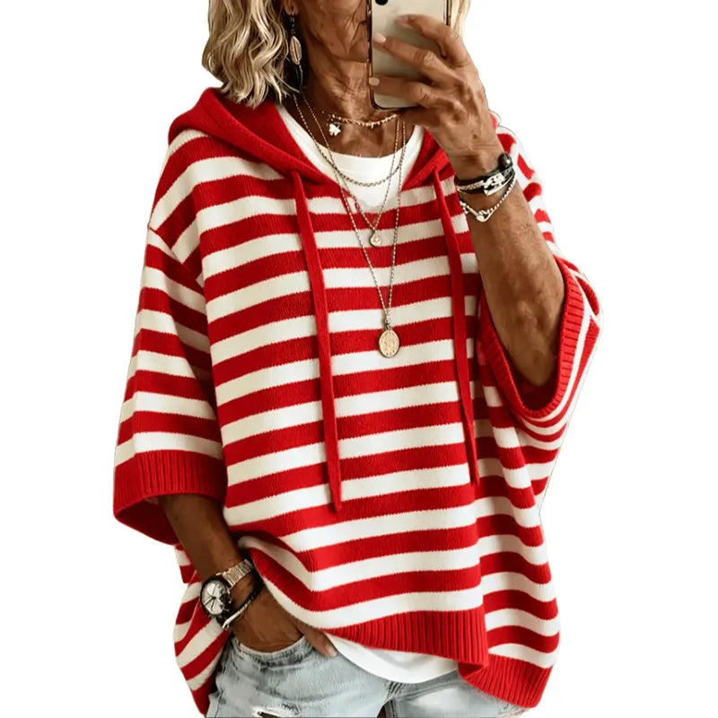 Women's striped hooded sweater in red