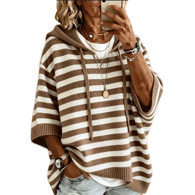 Women's striped hooded sweater in khaki