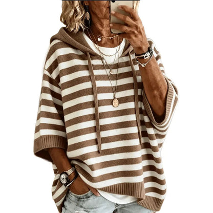 Women's striped hooded sweater in khaki