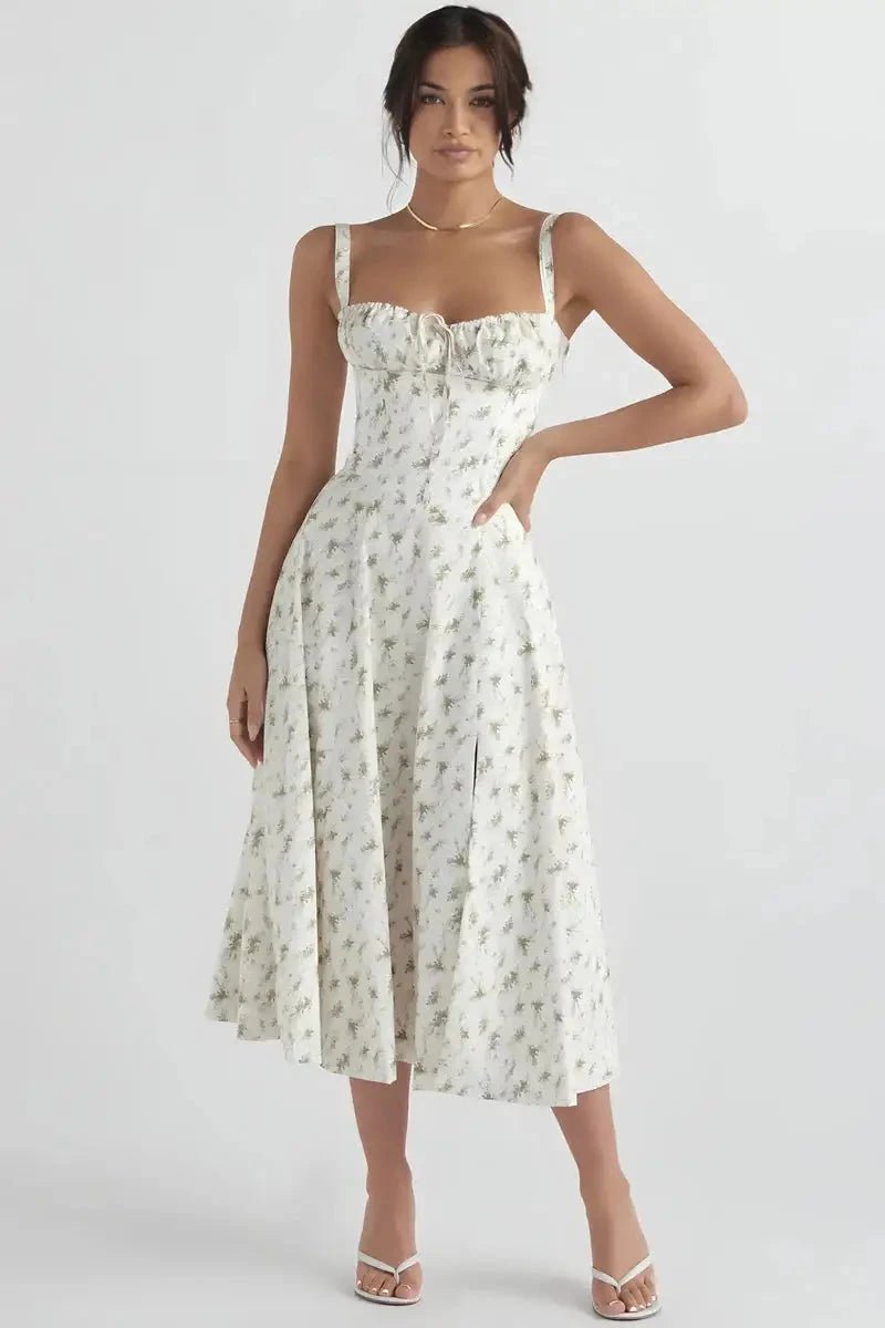 Lila | Floral Dress Corset Tie Side Slit Midi 0