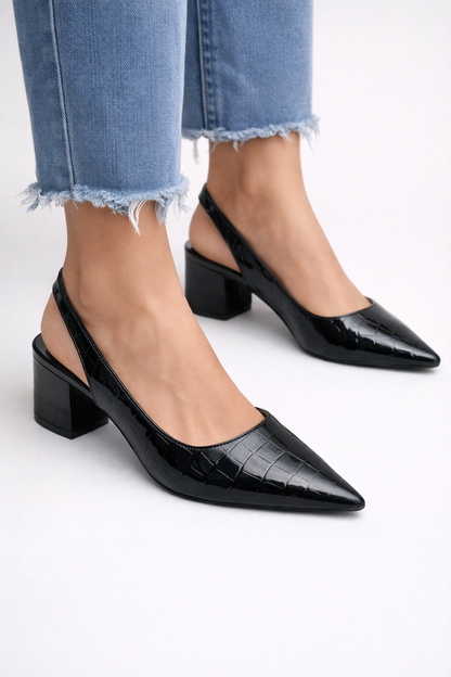 Women's black slingback pumps pointed toe low block heel