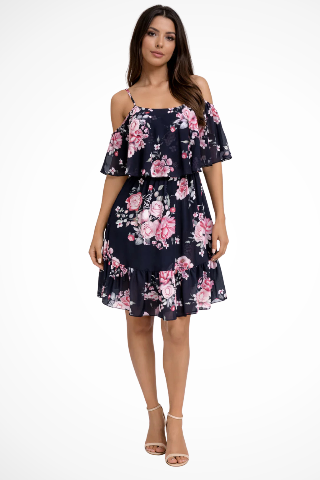 Women's light blue off shoulder floral ruffle mini boho dress
