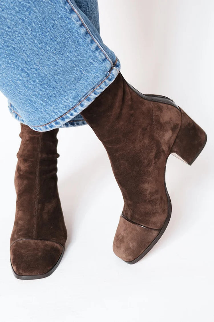 Women's square-toe suede block-heel ankle boots in dark brown
