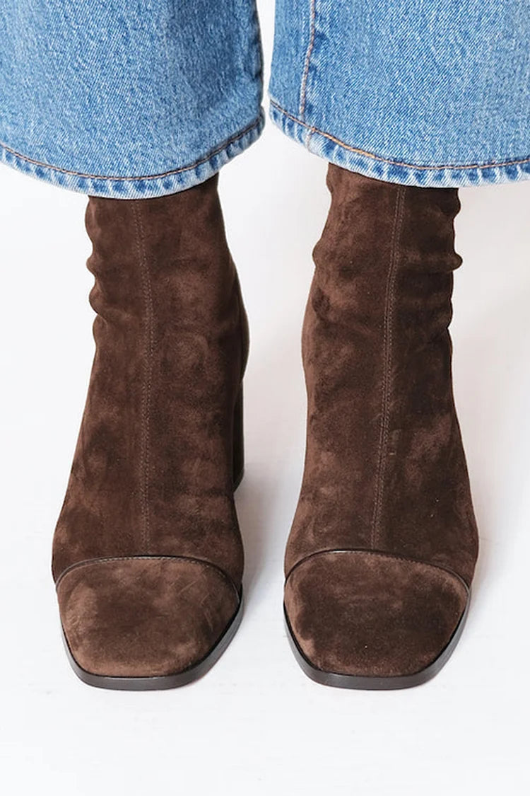 Women's square-toe suede block-heel ankle boots in dark brown