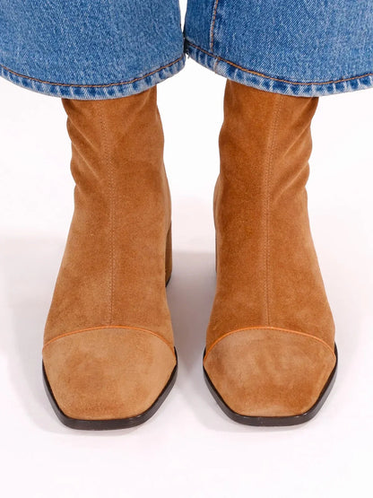 Women's square-toe suede block-heel ankle boots in dark brown