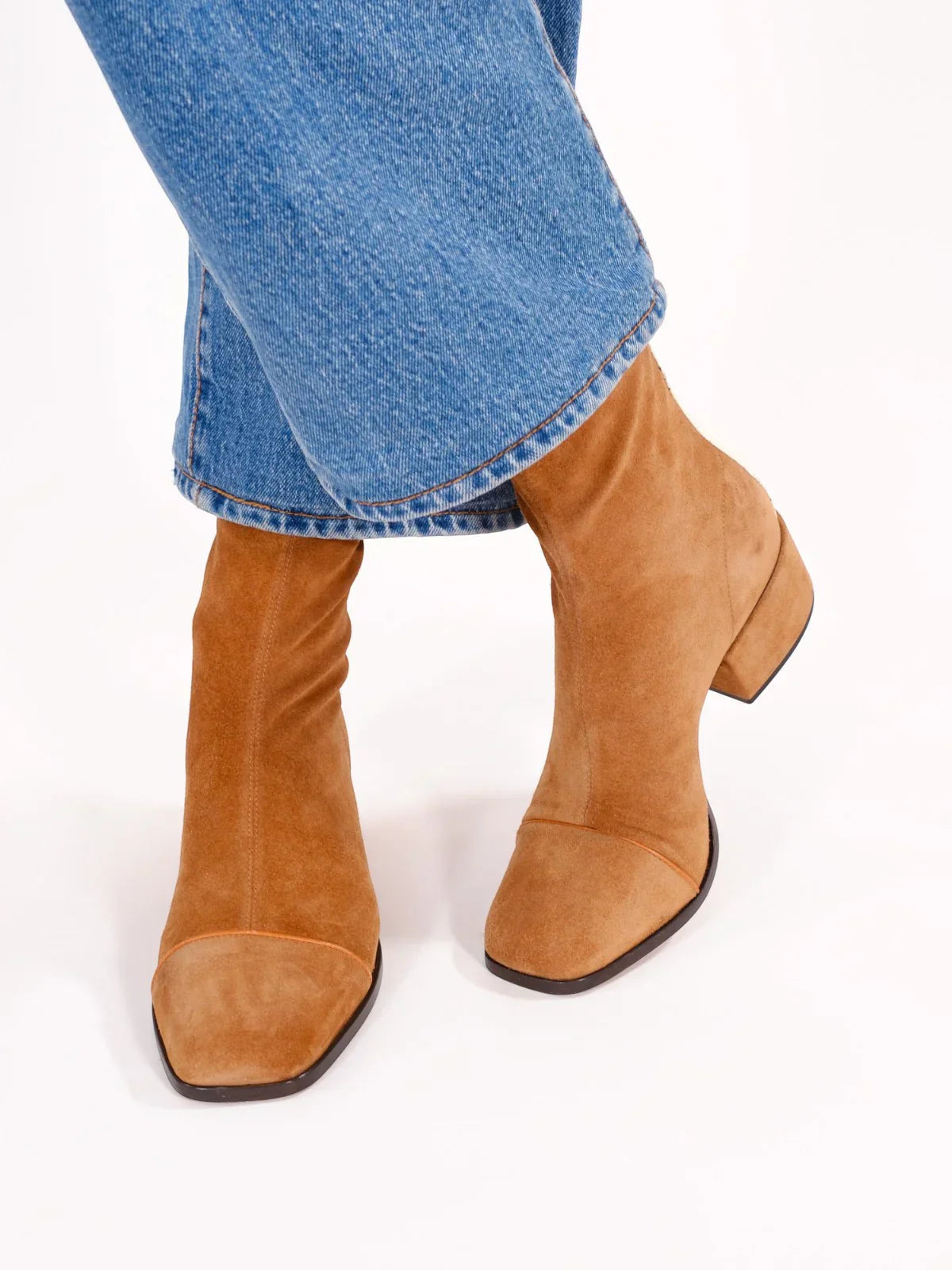 Women's square-toe suede block-heel ankle boots in beige