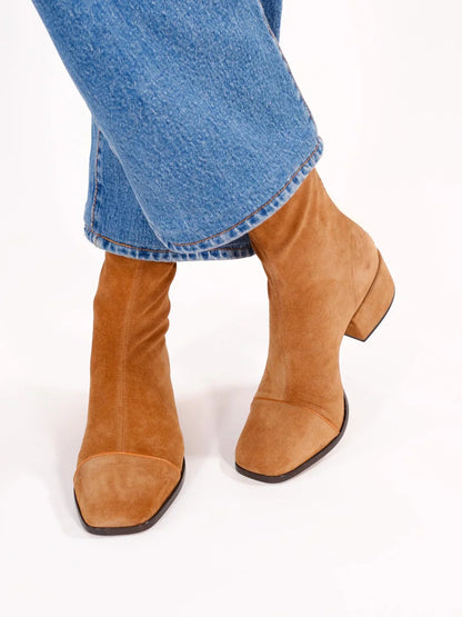 Women's square-toe suede block-heel ankle boots in beige