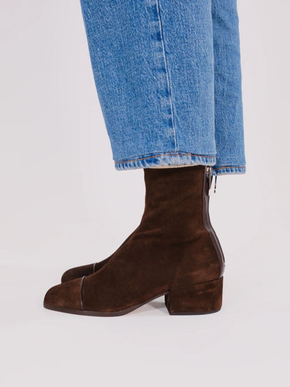 Women's square-toe suede block-heel ankle boots in beige