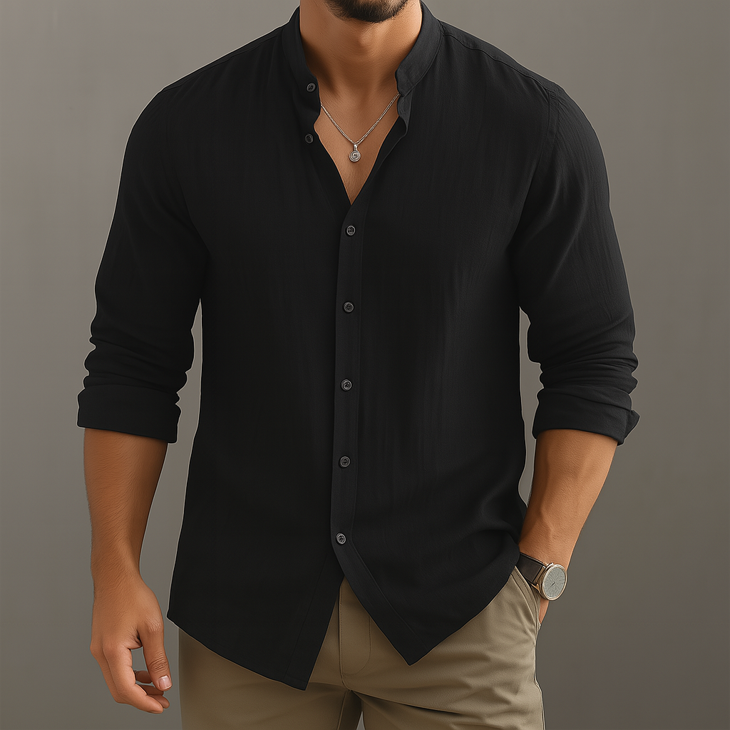 Men's khaki linen band collar summer shirt