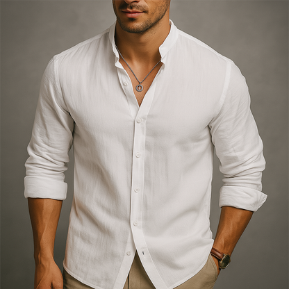 Men's khaki linen band collar summer shirt