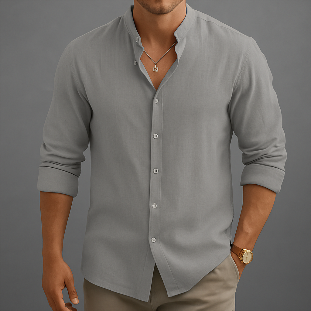 Men's khaki linen band collar summer shirt