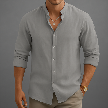 Men's khaki linen band collar summer shirt