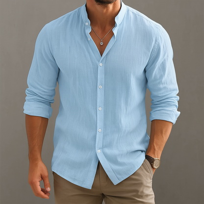 Men's khaki linen band collar summer shirt