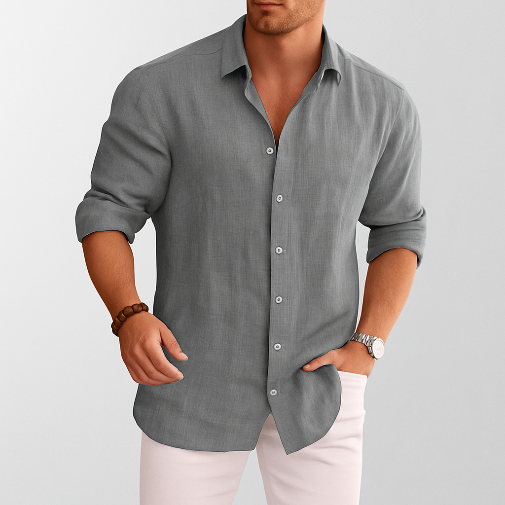Men's white linen button-up summer shirt