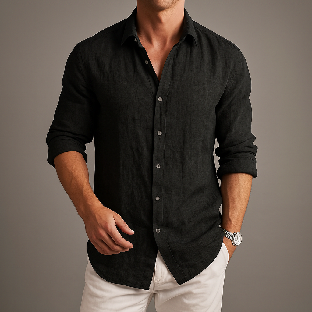 Men's white linen button-up summer shirt