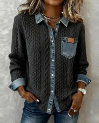 Mabel | Women's Long Sleeve Shirt with Denim Patchwork, Cotton Blend
