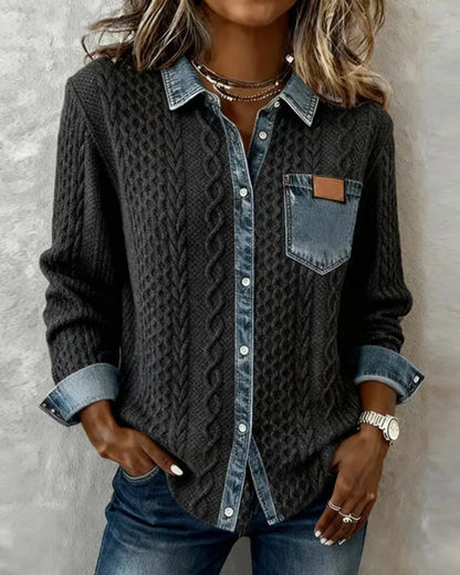 Women's dark gray long sleeve shirt with denim patchwork