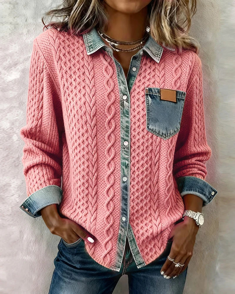 Women's pink long sleeve shirt with denim patchwork