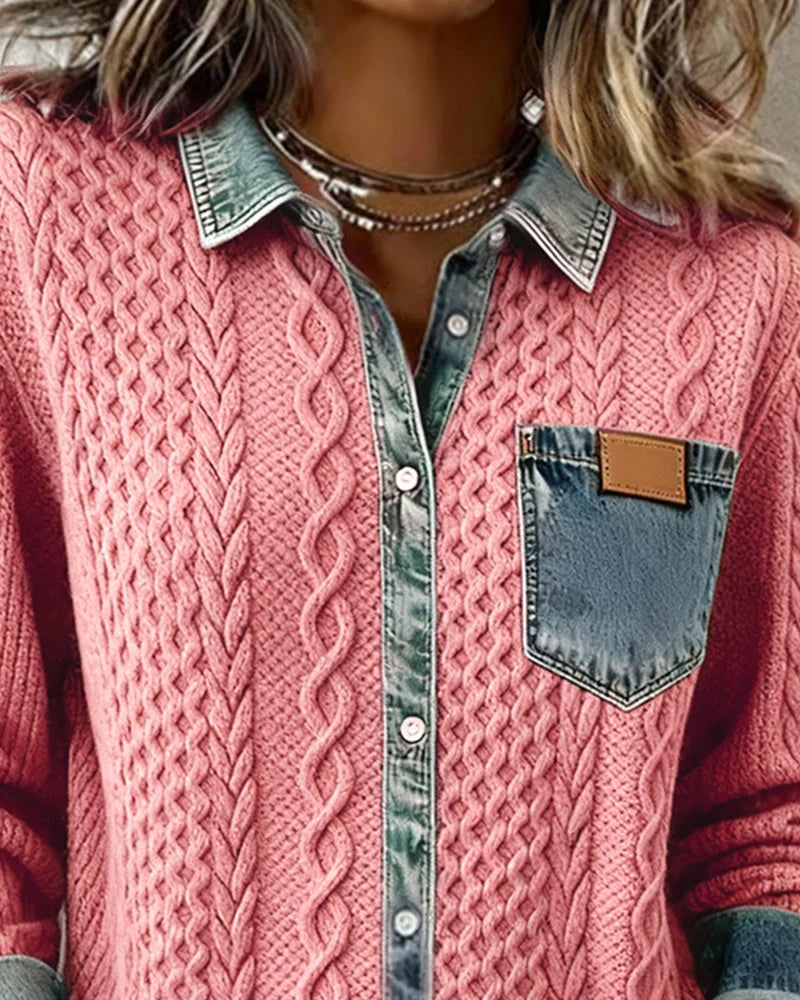 Women's long sleeve shirt with denim patchwork