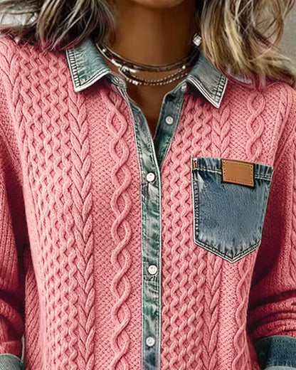 Women's long sleeve shirt with denim patchwork