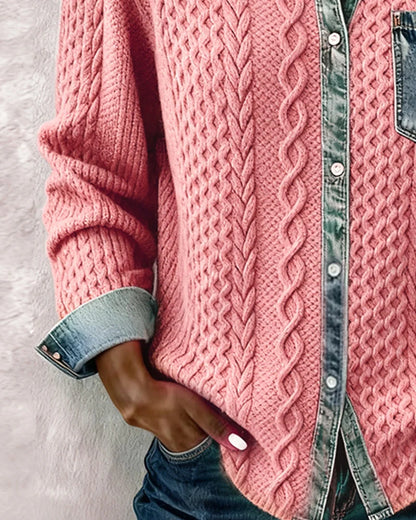 Women's cable knit button-up cardigan with denim collar