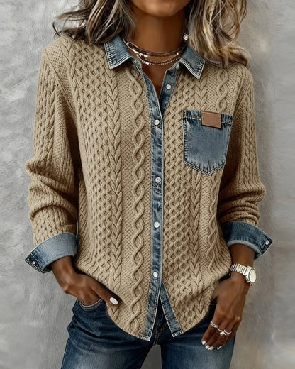 Women's khaki long sleeve shirt with denim patchwork