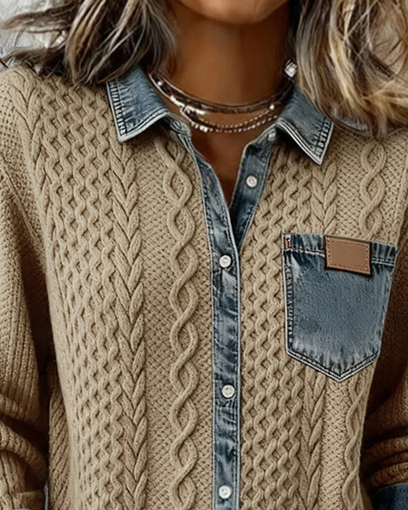 Women's long sleeve shirt with denim patchwork